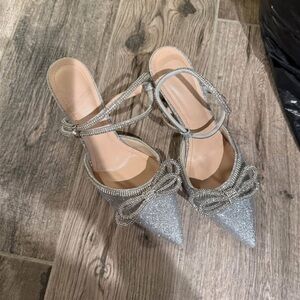 Sparkling Silver Women's Heels with Bow Detail